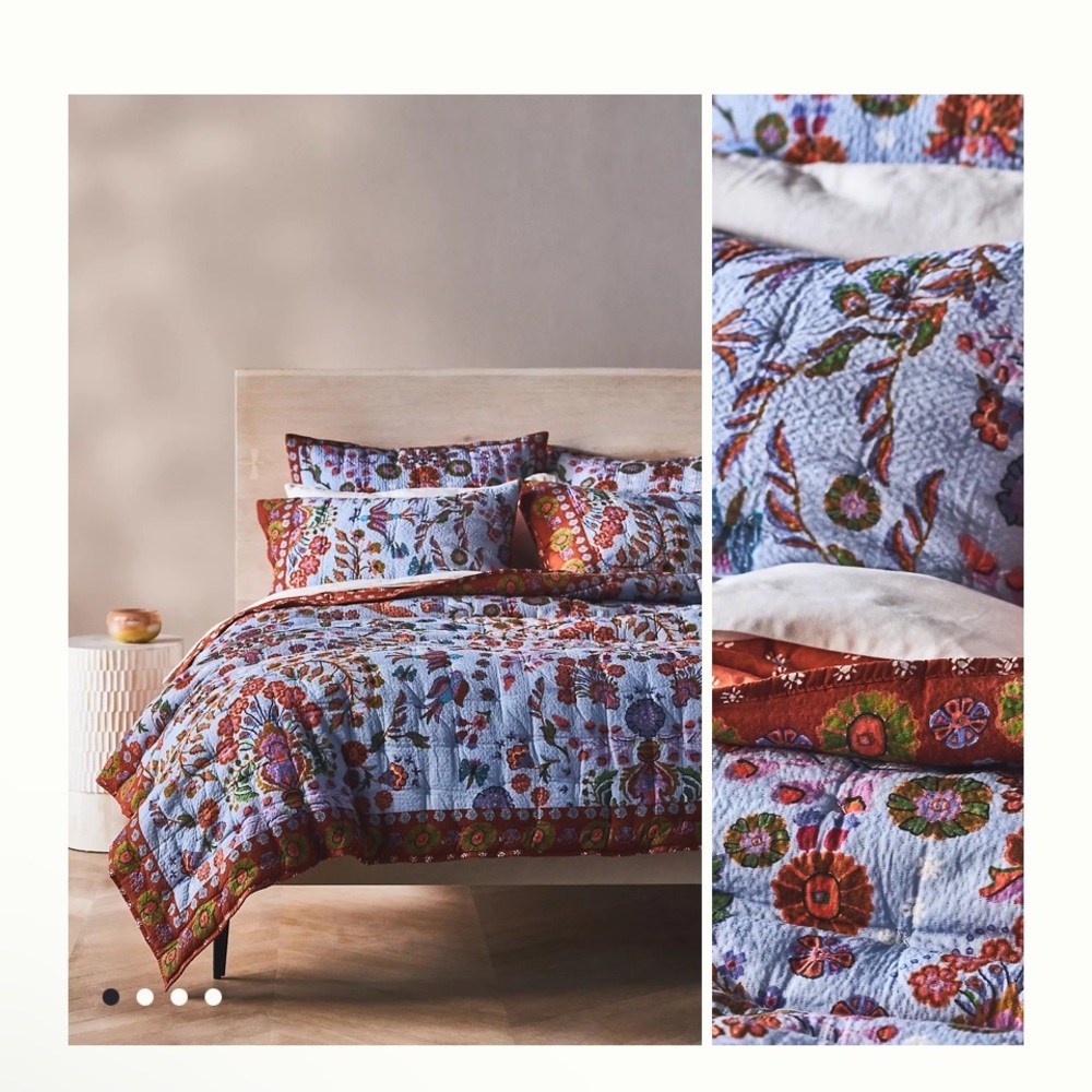 Anthropologie Floral Quilt in Light Blue, Rust, Green